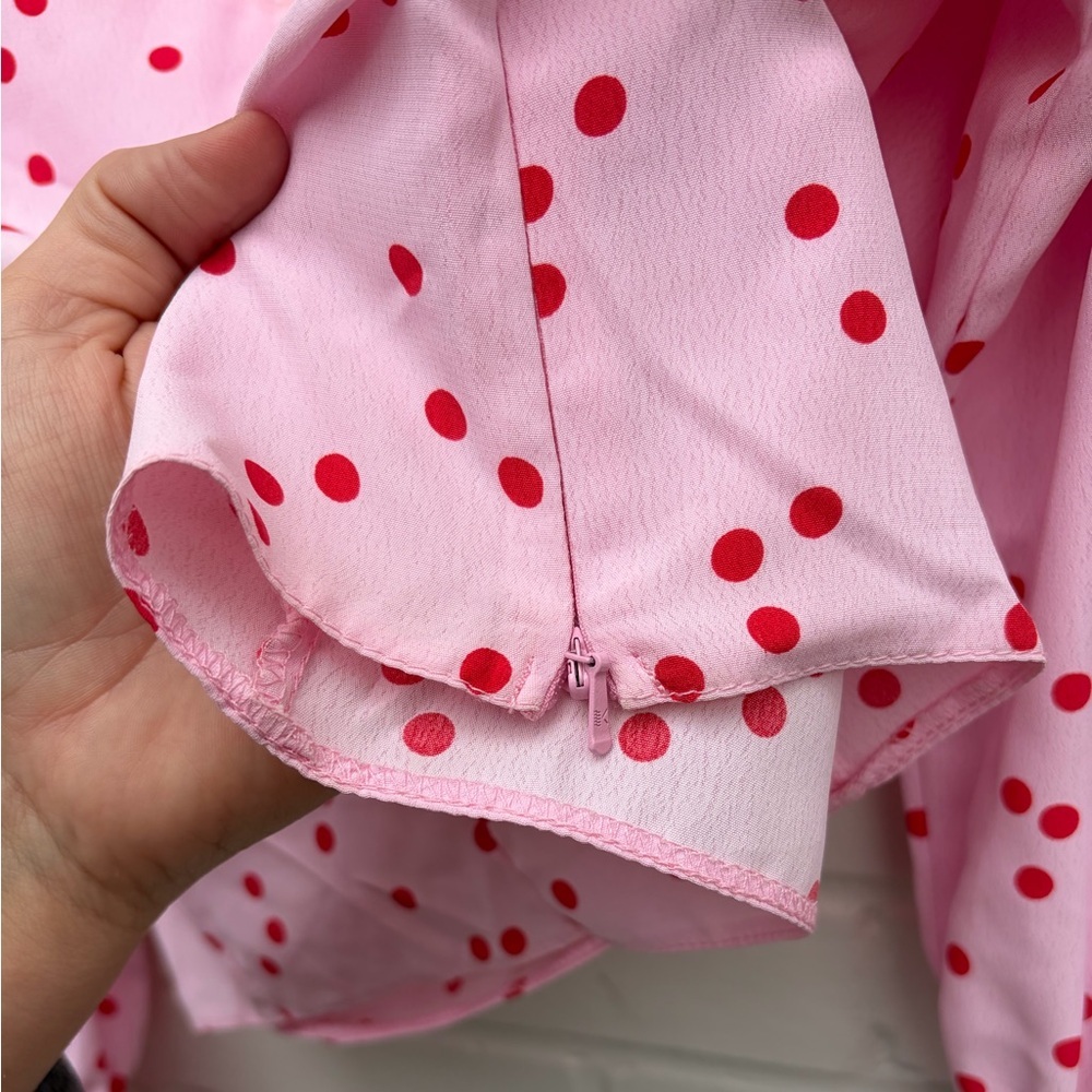 Miss Selfridge SQUARE NECK TOP WITH PUFF SLEEVES IN RED POLKA DOT-PINK, SZ 8 EUC - Picture 10 of 11